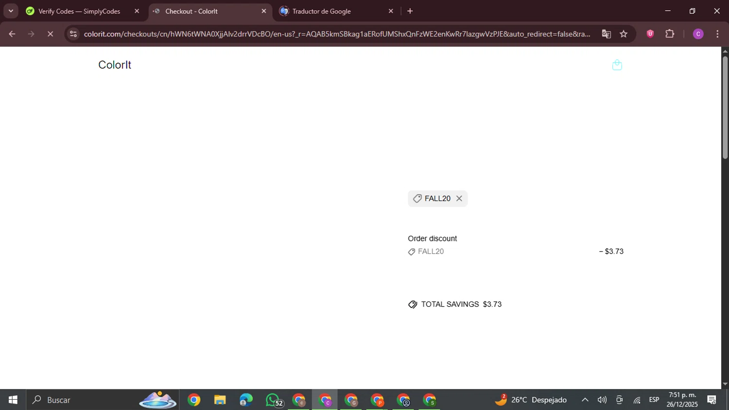 ColorIt discount code screenshot showing code FALL20 applied at ColorIt checkout page. Uploaded by SimplyCodes community member FrugalPro5078 on Dec 26, 2025
