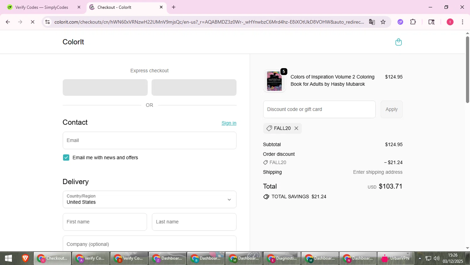 ColorIt discount code screenshot showing code FALL20 applied at ColorIt checkout page. Uploaded by SimplyCodes community member ScanExpert2824 on Dec 3, 2025