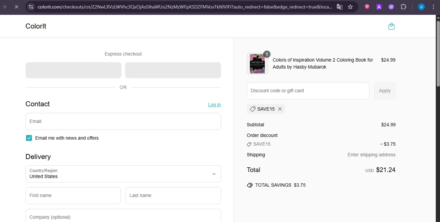 ColorIt discount code screenshot showing code save15 applied at ColorIt checkout page. Uploaded by SimplyCodes community member GloriousWizard8260 on Jun 17, 2025