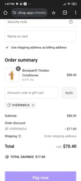 VVER0NIICA coupon verification screenshot