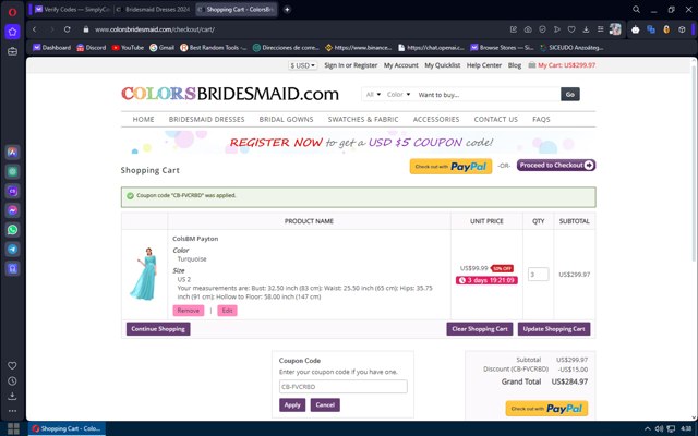 ColorsBridesmaid.com checkout page showing ColorsBridesmaid.com coupon code box | Screenshot taken by SimplyCodes community member on Jan 5, 2024