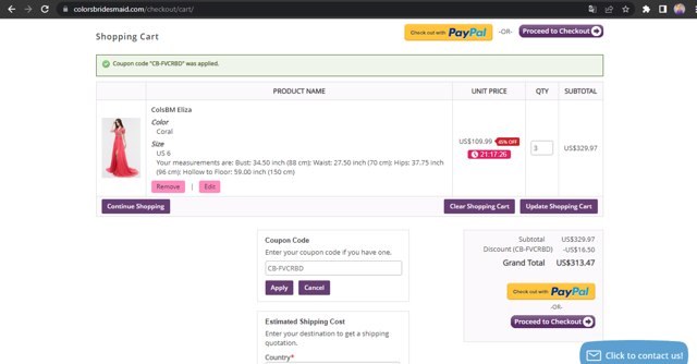 ColorsBridesmaid.com checkout page showing ColorsBridesmaid.com coupon code box | Screenshot taken by SimplyCodes community member on Nov 11, 2024