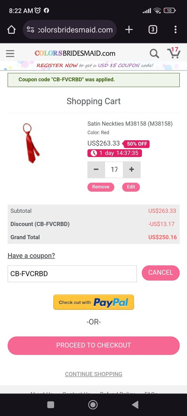ColorsBridesmaid.com checkout page showing ColorsBridesmaid.com coupon code box | Screenshot taken by SimplyCodes community member on May 9, 2024