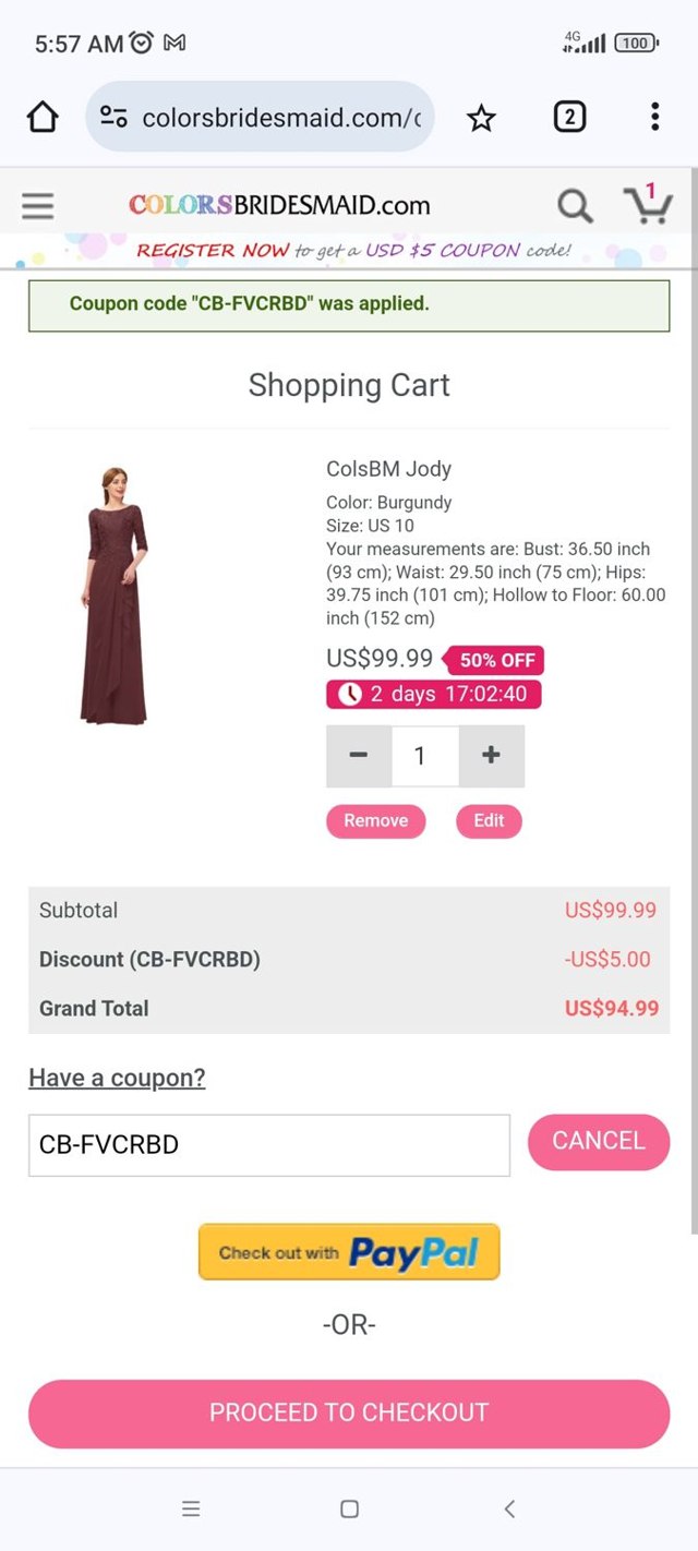 ColorsBridesmaid.com checkout page showing ColorsBridesmaid.com coupon code box | Screenshot taken by SimplyCodes community member on Sep 16, 2024