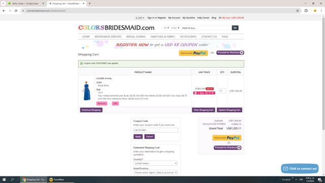 ColorsBridesmaid.com checkout page showing ColorsBridesmaid.com coupon code box | Screenshot taken by SimplyCodes community member on May 1, 2024