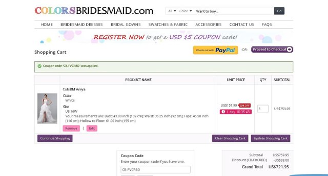 ColorsBridesmaid.com checkout page showing ColorsBridesmaid.com coupon code box | Screenshot taken by SimplyCodes community member on May 23, 2024