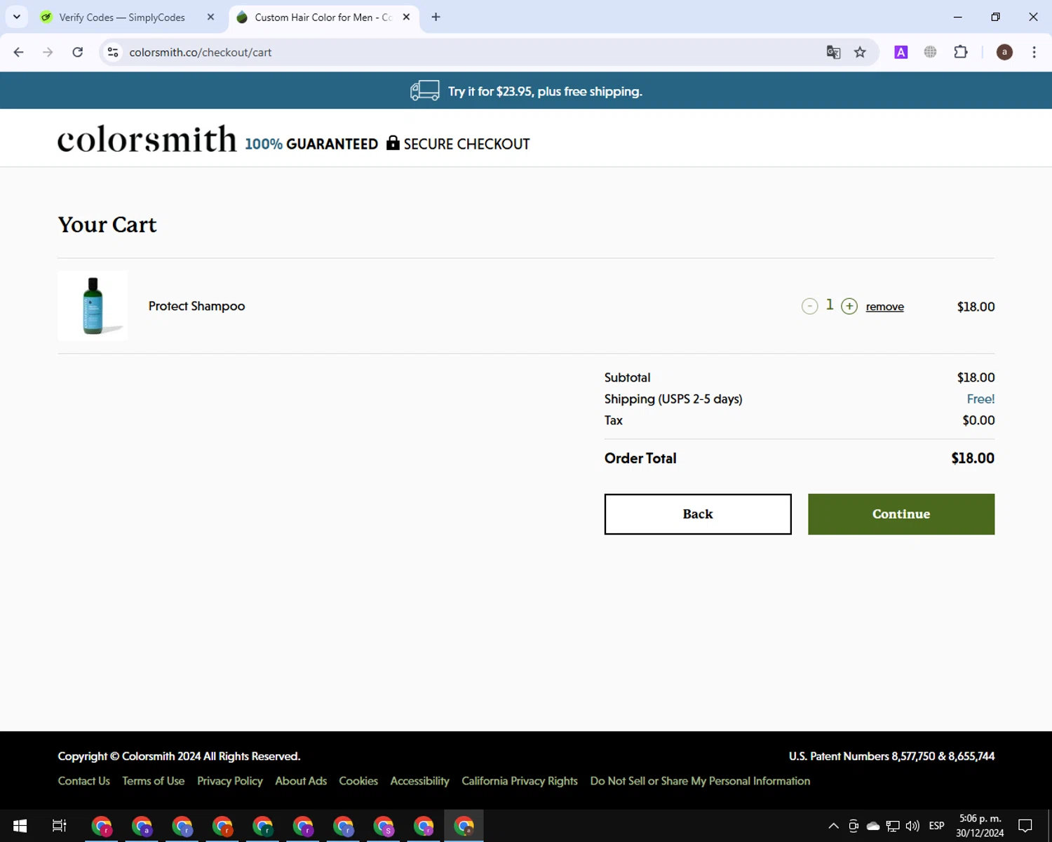 Colorsmith checkout page showing Colorsmith promo code box | Screenshot taken by SimplyCodes community member on Dec 30, 2024