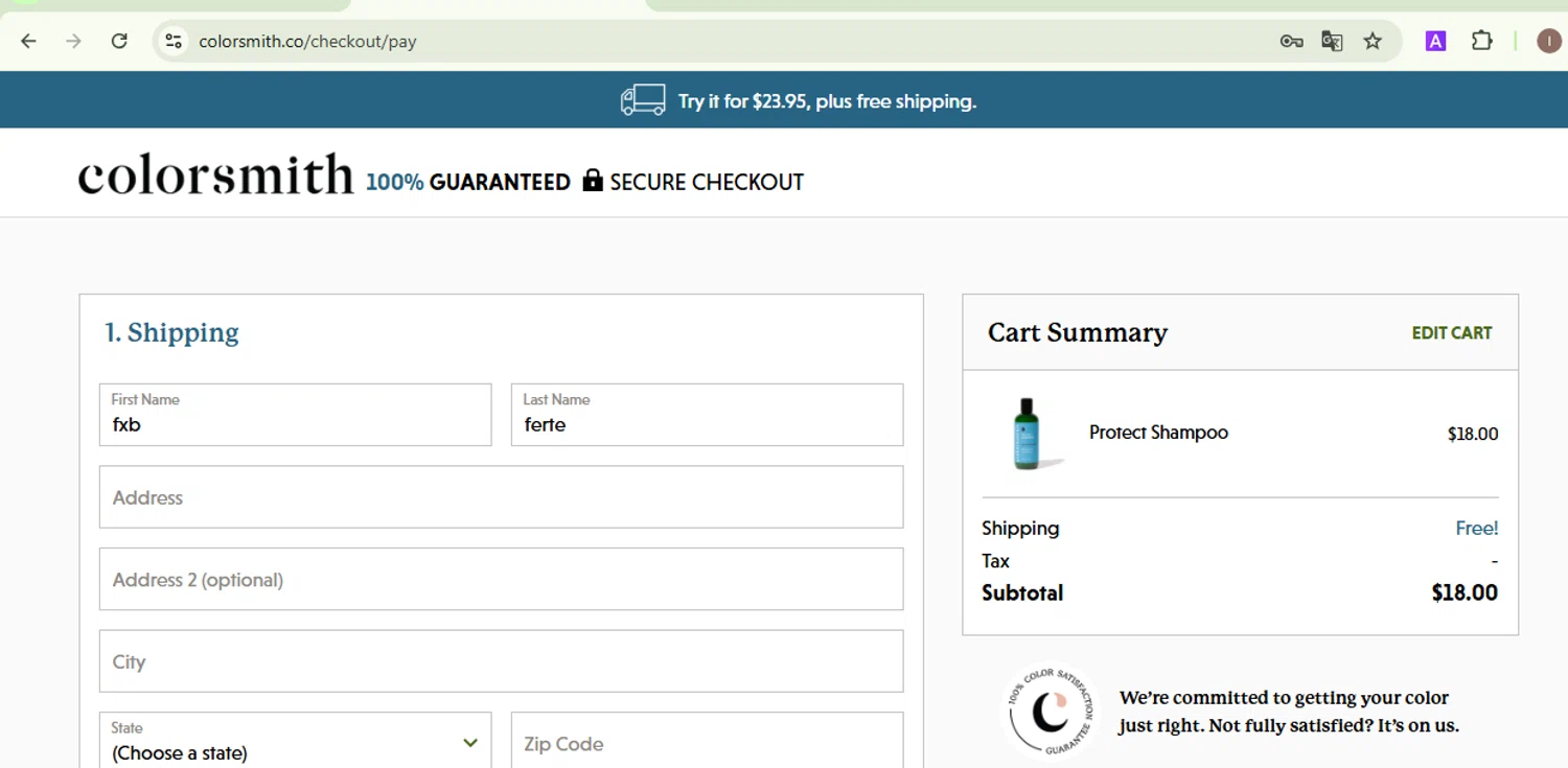 Colorsmith checkout page showing Colorsmith promo code box | Screenshot taken by SimplyCodes community member on Dec 31, 2024