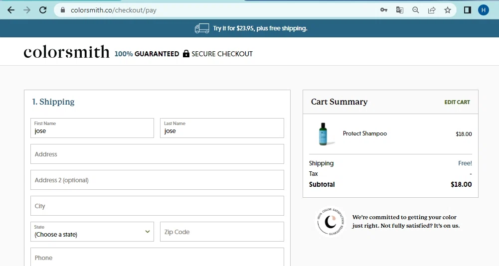 Colorsmith checkout page showing Colorsmith promo code box | Screenshot taken by SimplyCodes community member on Apr 7, 2023