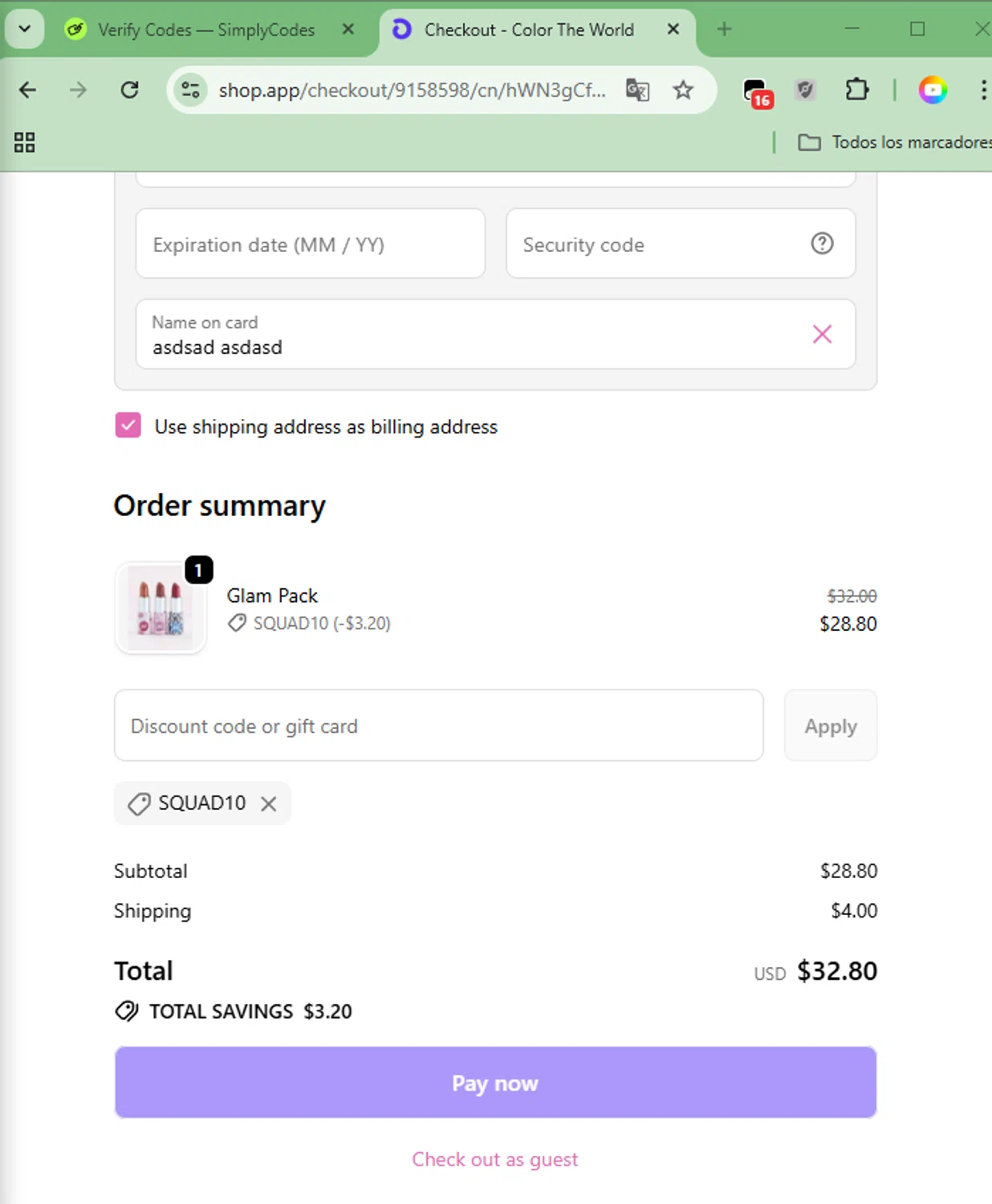 Color The World discount code screenshot showing code SQUAD10 applied at Color The World checkout page. Uploaded by SimplyCodes community member EpicTiger3556 on Oct 3, 2025
