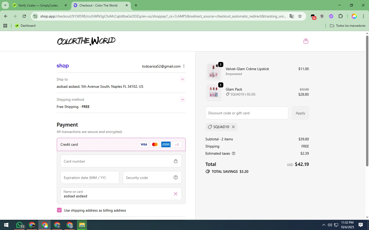 Color The World discount code screenshot showing code SQUAD10 applied at Color The World checkout page. Uploaded by SimplyCodes community member EpicTiger3556 on Oct 7, 2025
