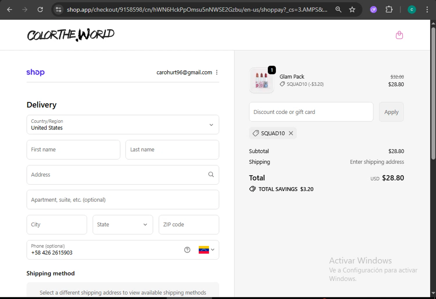 Color The World discount code screenshot showing code SQUAD10 applied at Color The World checkout page. Uploaded by SimplyCodes community member WiseMonarch3906 on Dec 10, 2025