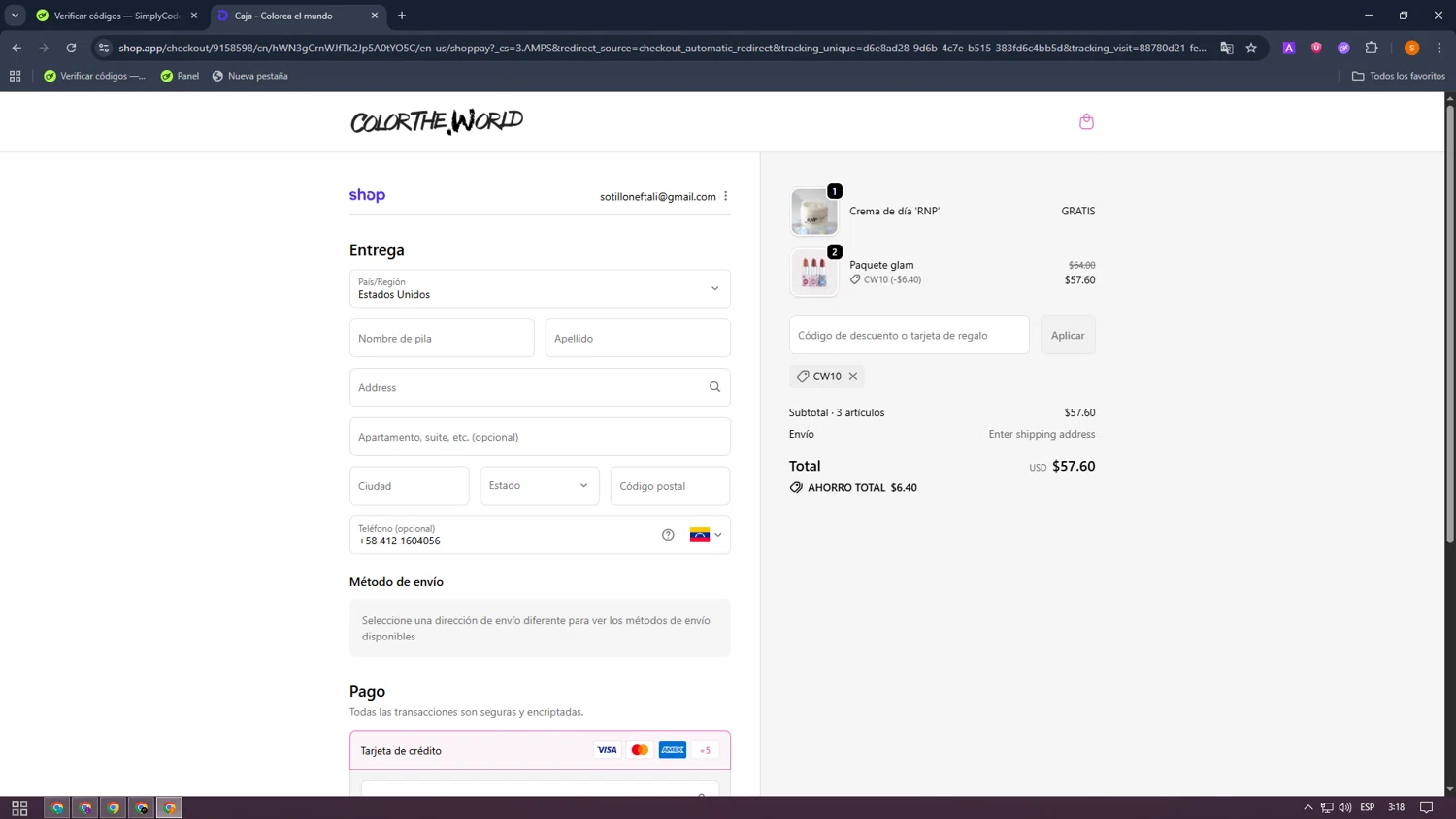 Color The World discount code screenshot showing code CW10 applied at Color The World checkout page. Uploaded by SimplyCodes community member MangoFC on Oct 3, 2025