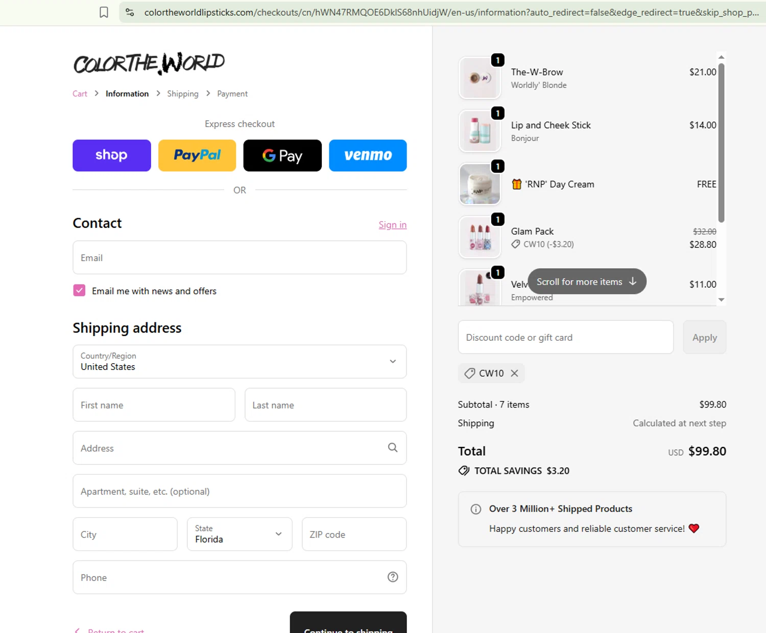 Color The World discount code screenshot showing code CW10 applied at Color The World checkout page. Uploaded by SimplyCodes community member SaleSleuth9039 on Oct 14, 2025