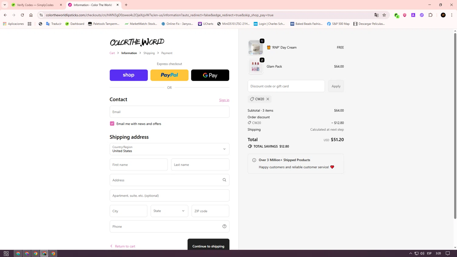 Color The World discount code screenshot showing code cw20 applied at Color The World checkout page. Uploaded by SimplyCodes community member Alkelino74 on Oct 3, 2025