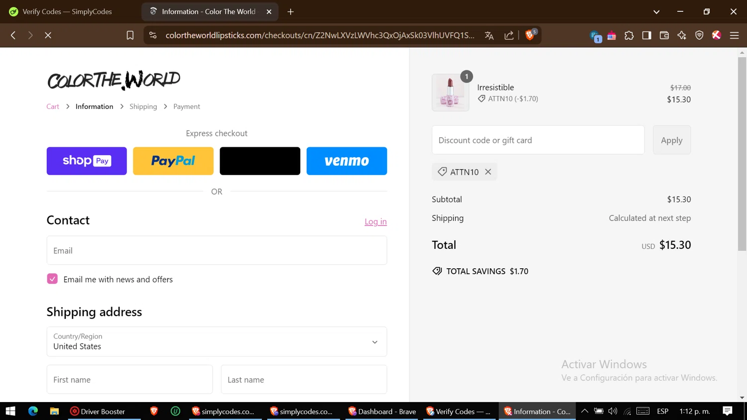 Color The World discount code screenshot showing code ATTN10 applied at Color The World checkout page. Uploaded by SimplyCodes community member ThriftyGenius6699 on Feb 16, 2025