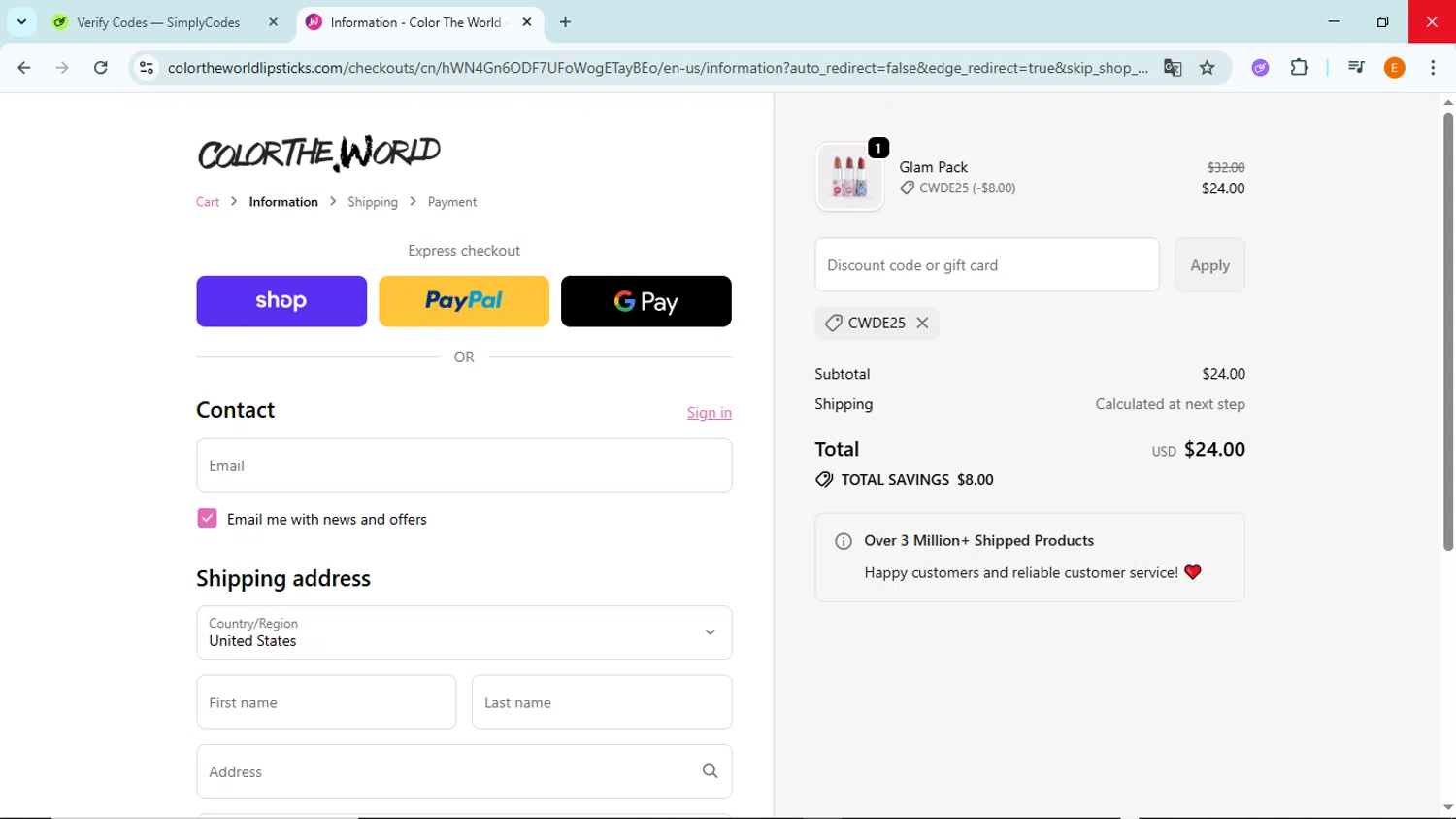 Color The World discount code screenshot showing code CWDE25 applied at Color The World checkout page. Uploaded by SimplyCodes community member BudgetFox5491 on Oct 18, 2025