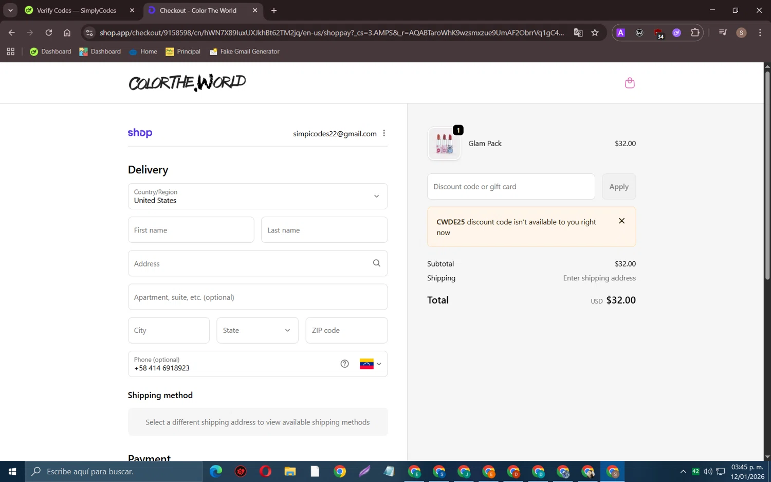 Color The World discount code screenshot showing code CWDE25 applied at Color The World checkout page. Uploaded by SimplyCodes community member TreasurePioneer6575 on Jan 12, 2026