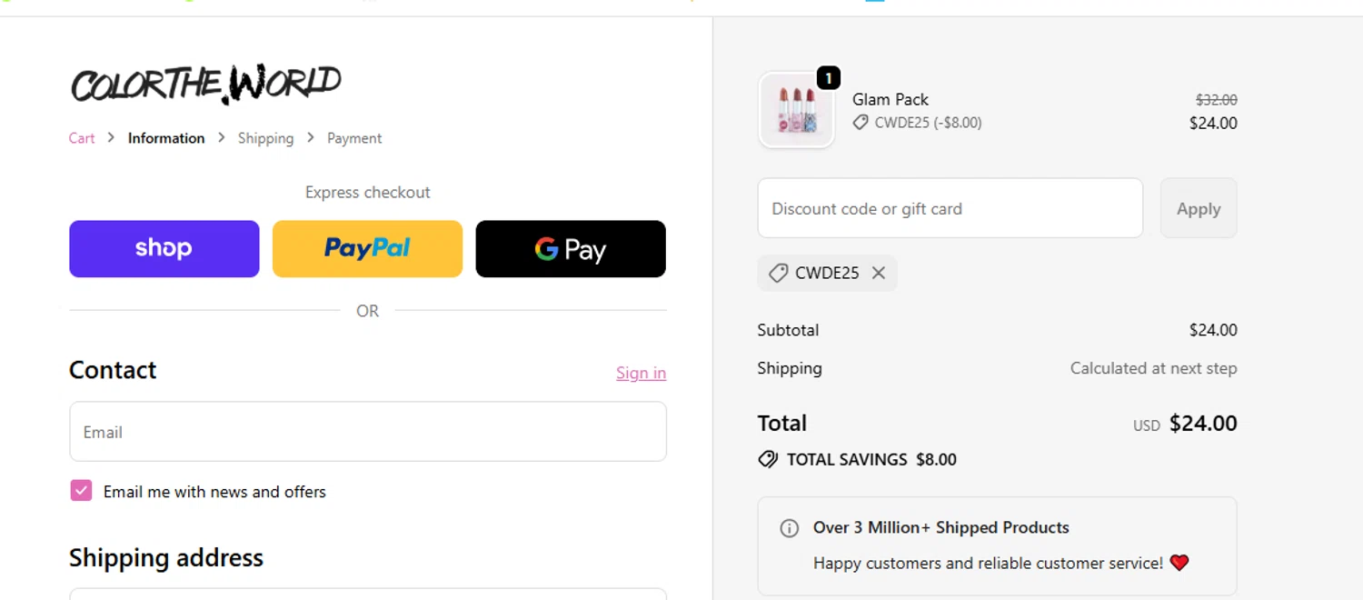 Color The World discount code screenshot showing code CWDE25 applied at Color The World checkout page. Uploaded by SimplyCodes community member yeresojperez on Sep 21, 2025