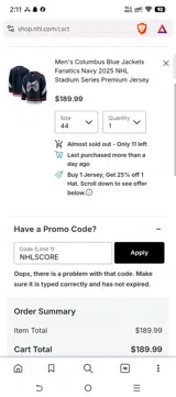 Columbus Blue Jackets Shop coupon verification screenshot