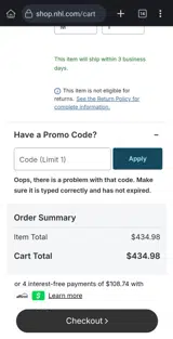 Columbus Blue Jackets Shop coupon verification screenshot