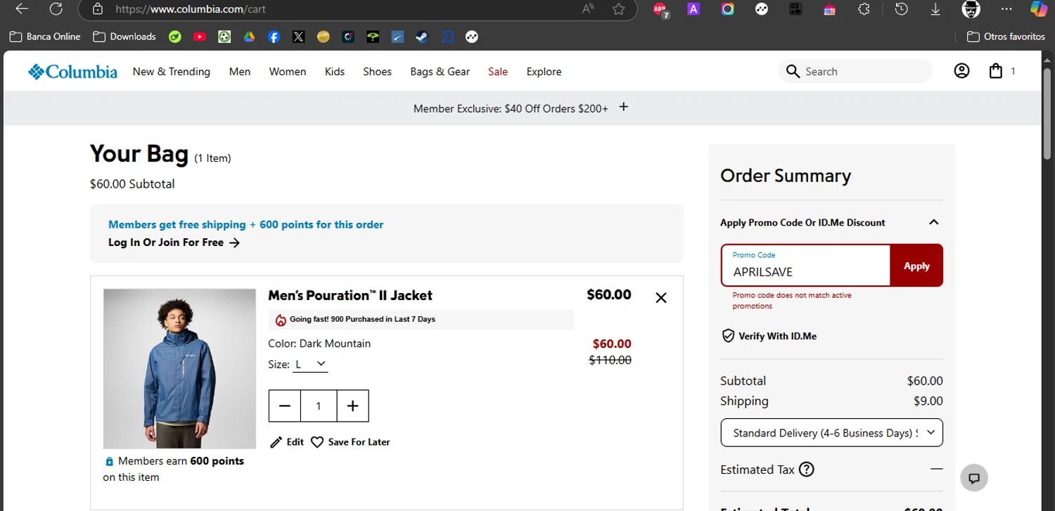 Columbia Sportswear promo code screenshot showing code APRILSAVE applied at Columbia Sportswear checkout page. Uploaded by SimplyCodes community member ROCKSORD on May 6, 2025