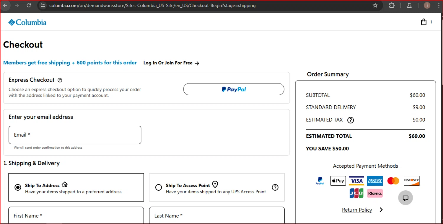 Columbia Sportswear promo code screenshot showing code APRILSAVE applied at Columbia Sportswear checkout page. Uploaded by SimplyCodes community member CodeWhiz8342 on May 6, 2025