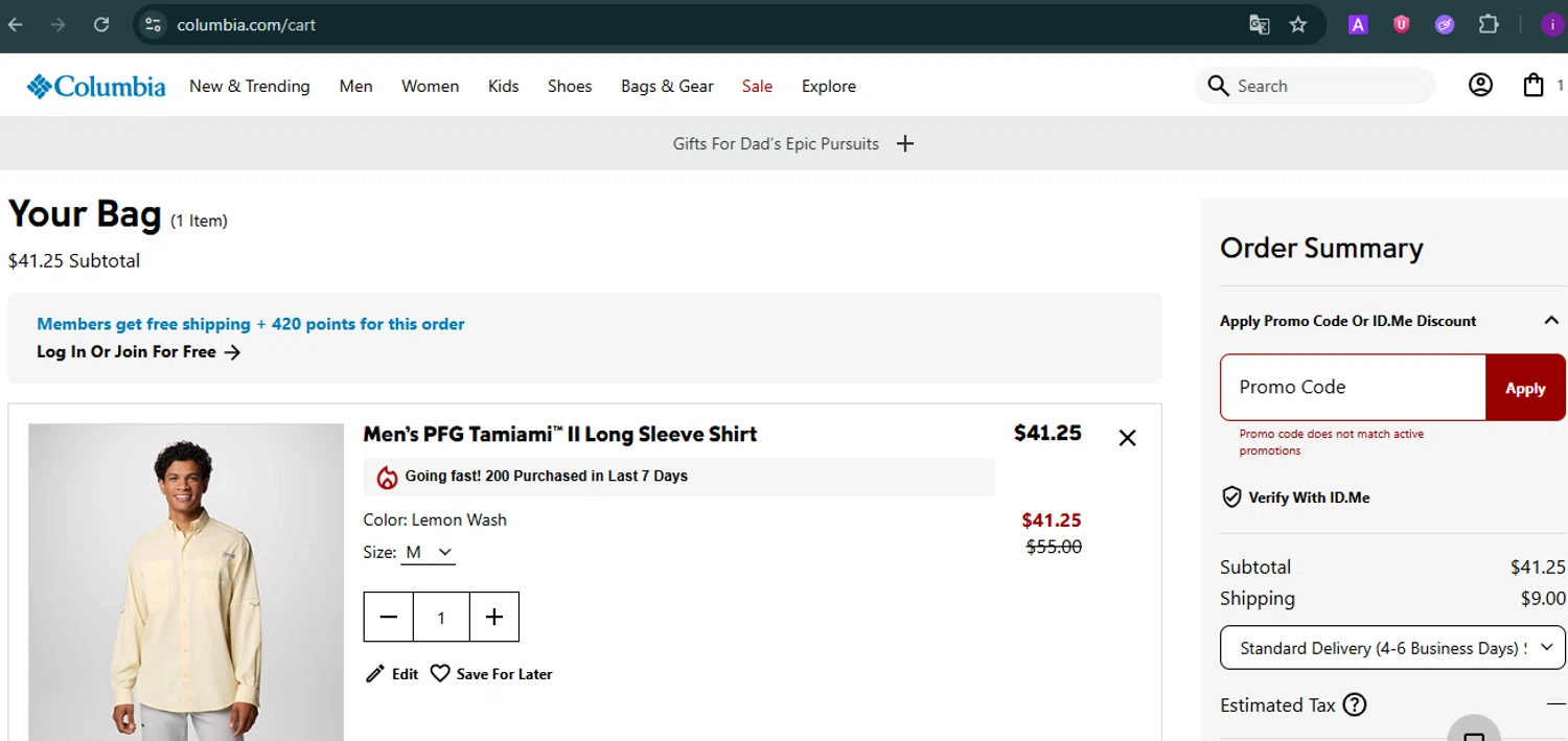 Columbia Sportswear promo code screenshot showing code EXTRA20 applied at Columbia Sportswear checkout page. Uploaded by SimplyCodes community member SalePro7215 on Jun 5, 2025