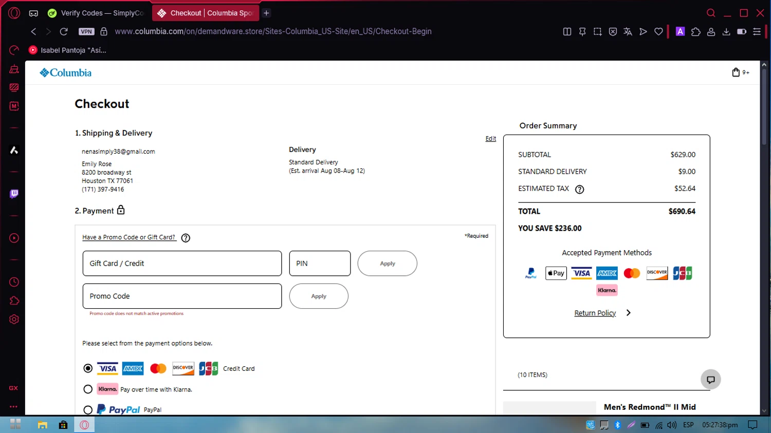 Columbia Sportswear promo code screenshot showing code SAVEBIG applied at Columbia Sportswear checkout page. Uploaded by SimplyCodes community member PennySpotter2417 on Aug 4, 2025