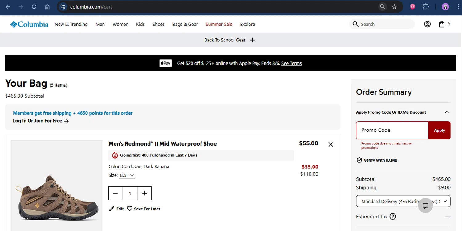Columbia Sportswear promo code screenshot showing code SAVEBIG applied at Columbia Sportswear checkout page. Uploaded by SimplyCodes community member rapc3030 on Aug 4, 2025
