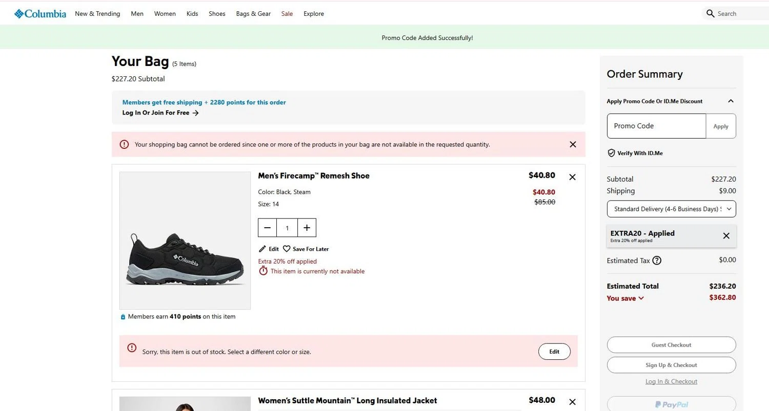 Columbia Sportswear promo code screenshot showing code EXTRA20 applied at Columbia Sportswear checkout page. Uploaded by SimplyCodes community member 6d796e616d656973 on May 27, 2025