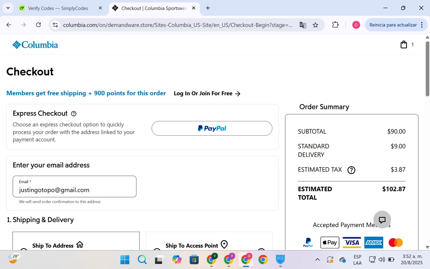 Columbia Sportswear promo code screenshot showing code C4S2T1B9 applied at Columbia Sportswear checkout page. Uploaded by SimplyCodes community member LuckyHero4650 on Aug 20, 2025