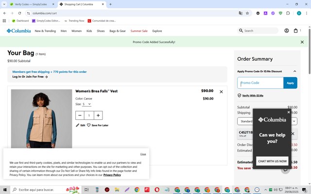 Columbia Sportswear checkout page showing Columbia Sportswear promo code box | Screenshot taken by SimplyCodes community member on Aug 29, 2025