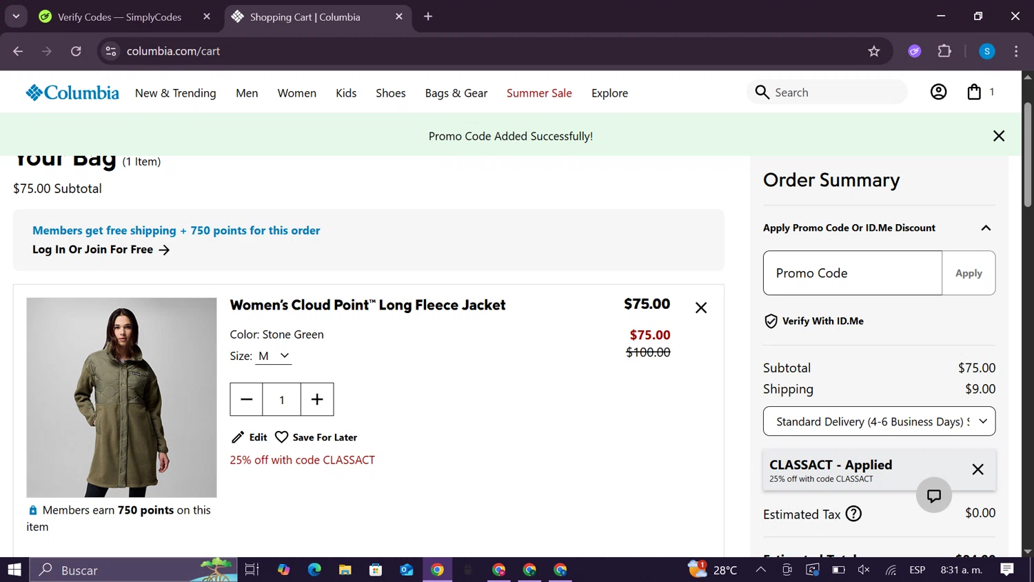 Columbia Sportswear promo code screenshot showing code CLASSACT applied at Columbia Sportswear checkout page. Uploaded by SimplyCodes community member CodeExpert981 on Jul 26, 2025
