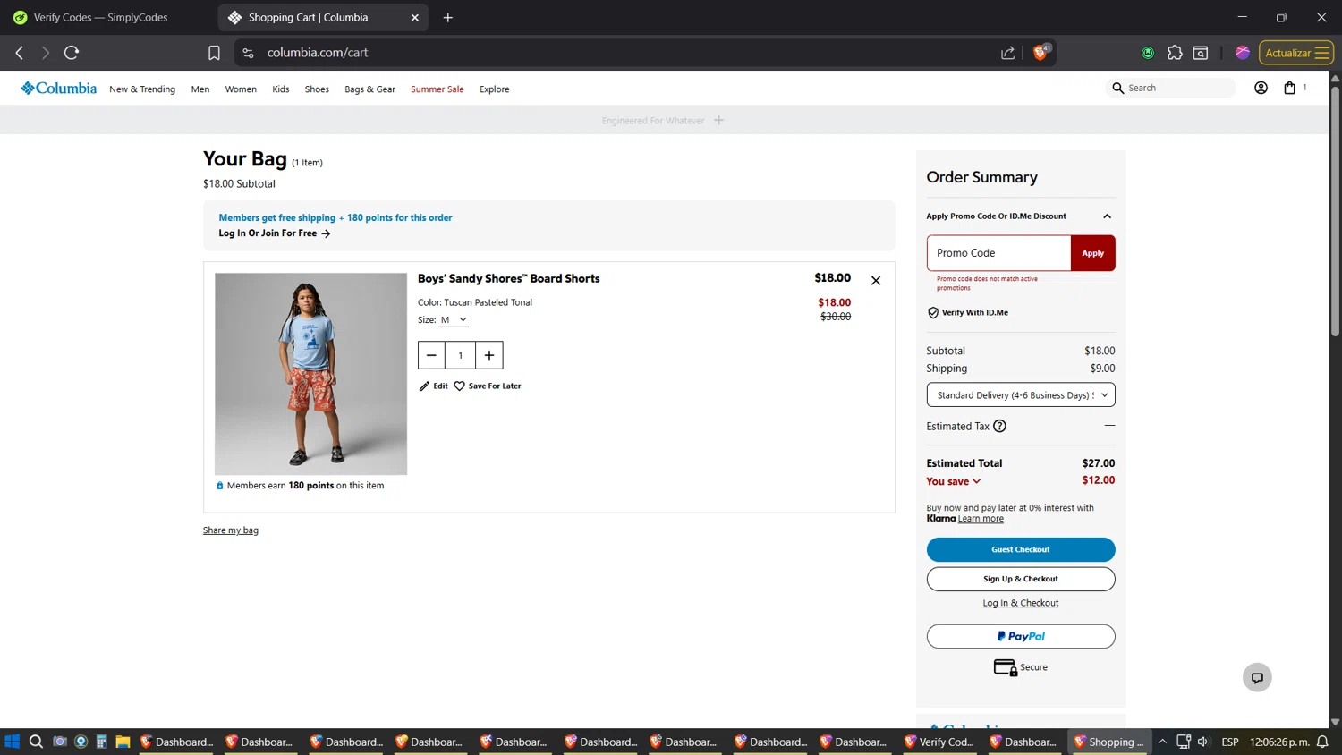 Columbia Sportswear promo code screenshot showing code SAVEINAUG applied at Columbia Sportswear checkout page. Uploaded by SimplyCodes community member JhonatanGomez on Aug 25, 2025