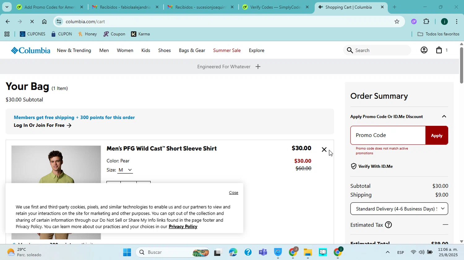Columbia Sportswear promo code screenshot showing code SAVEINAUG applied at Columbia Sportswear checkout page. Uploaded by SimplyCodes community member jorgejavierherrera on Aug 25, 2025