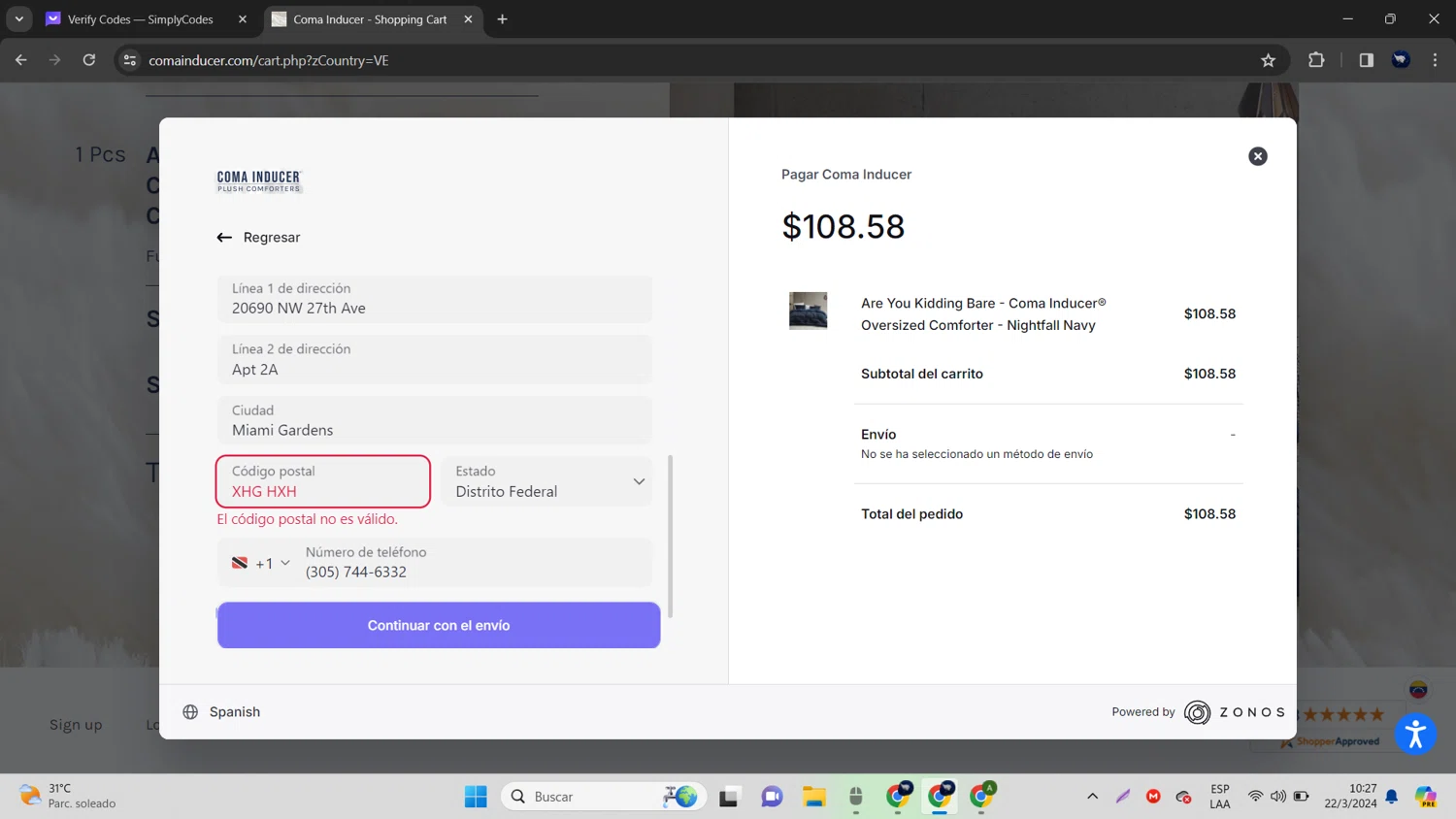 Coma Inducer checkout page showing Coma Inducer promo code box | Screenshot taken by SimplyCodes community member on Mar 22, 2024