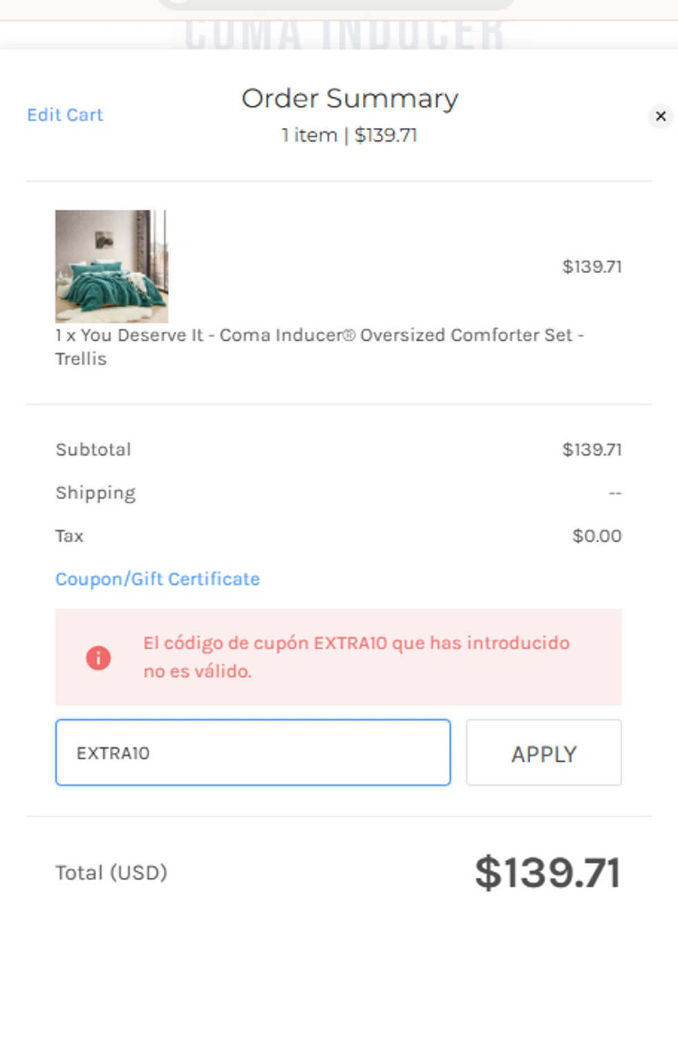 Coma Inducer promo code screenshot showing code EXTRA10 applied at Coma Inducer checkout page. Uploaded by SimplyCodes community member CleverPioneer7353 on Mar 19, 2025