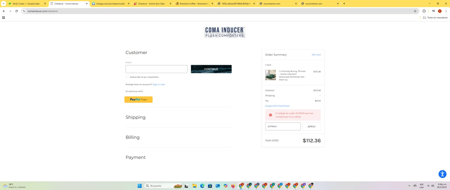 Coma Inducer promo code screenshot showing code EXTRA10 applied at Coma Inducer checkout page. Uploaded by SimplyCodes community member LegendaryBoss2307 on Mar 19, 2025