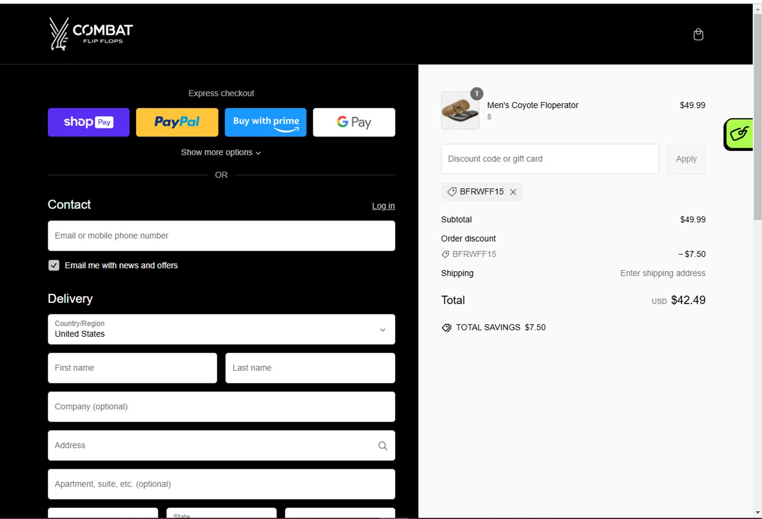 Combat Flip Flops discount code screenshot showing code BFRWFF15 applied at Combat Flip Flops checkout page. Uploaded by SimplyCodes community member NumbLK on Feb 25, 2025