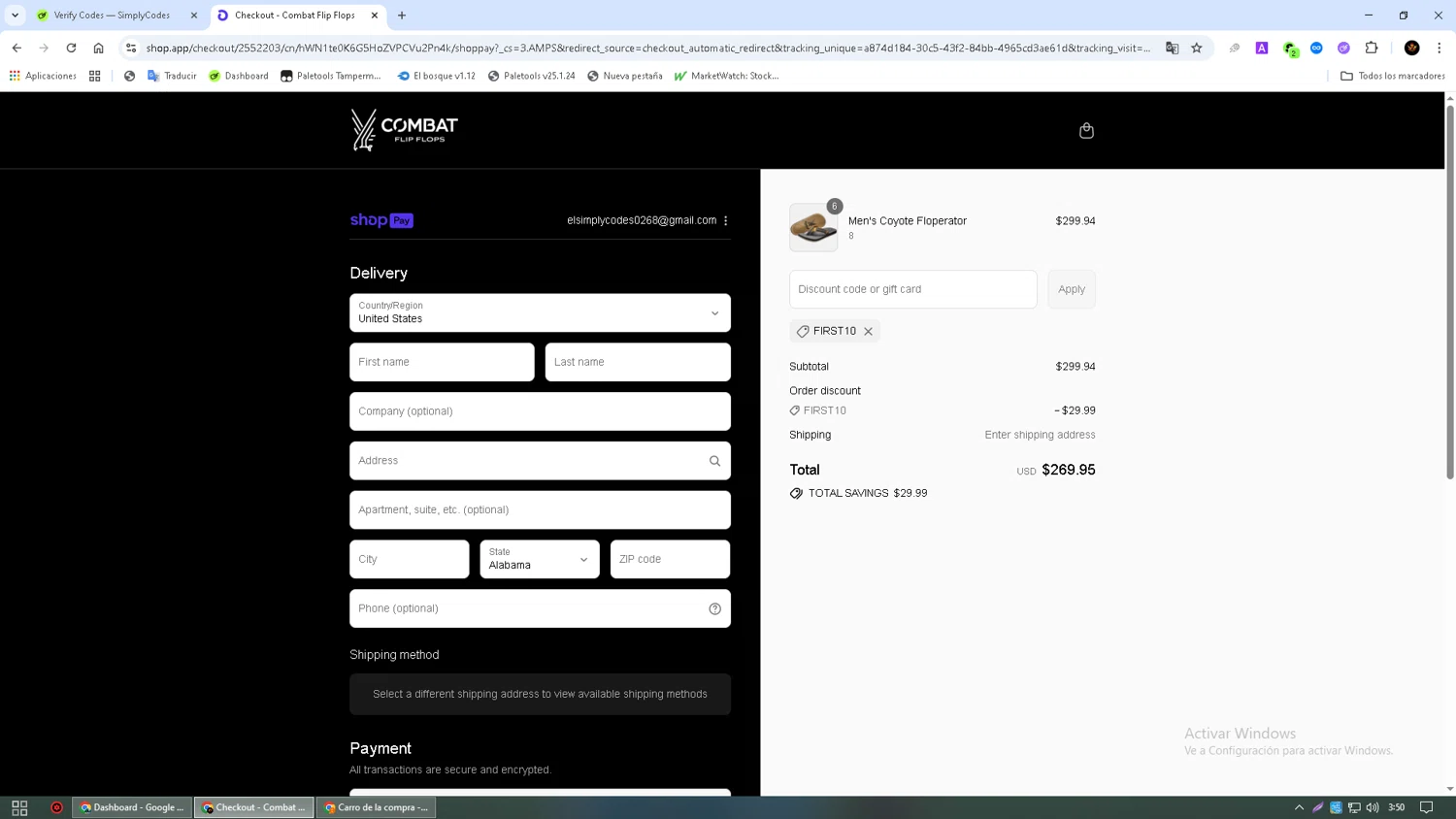 Combat Flip Flops discount code screenshot showing code FIRST10 applied at Combat Flip Flops checkout page. Uploaded by SimplyCodes community member Alkelino74 on Aug 17, 2025