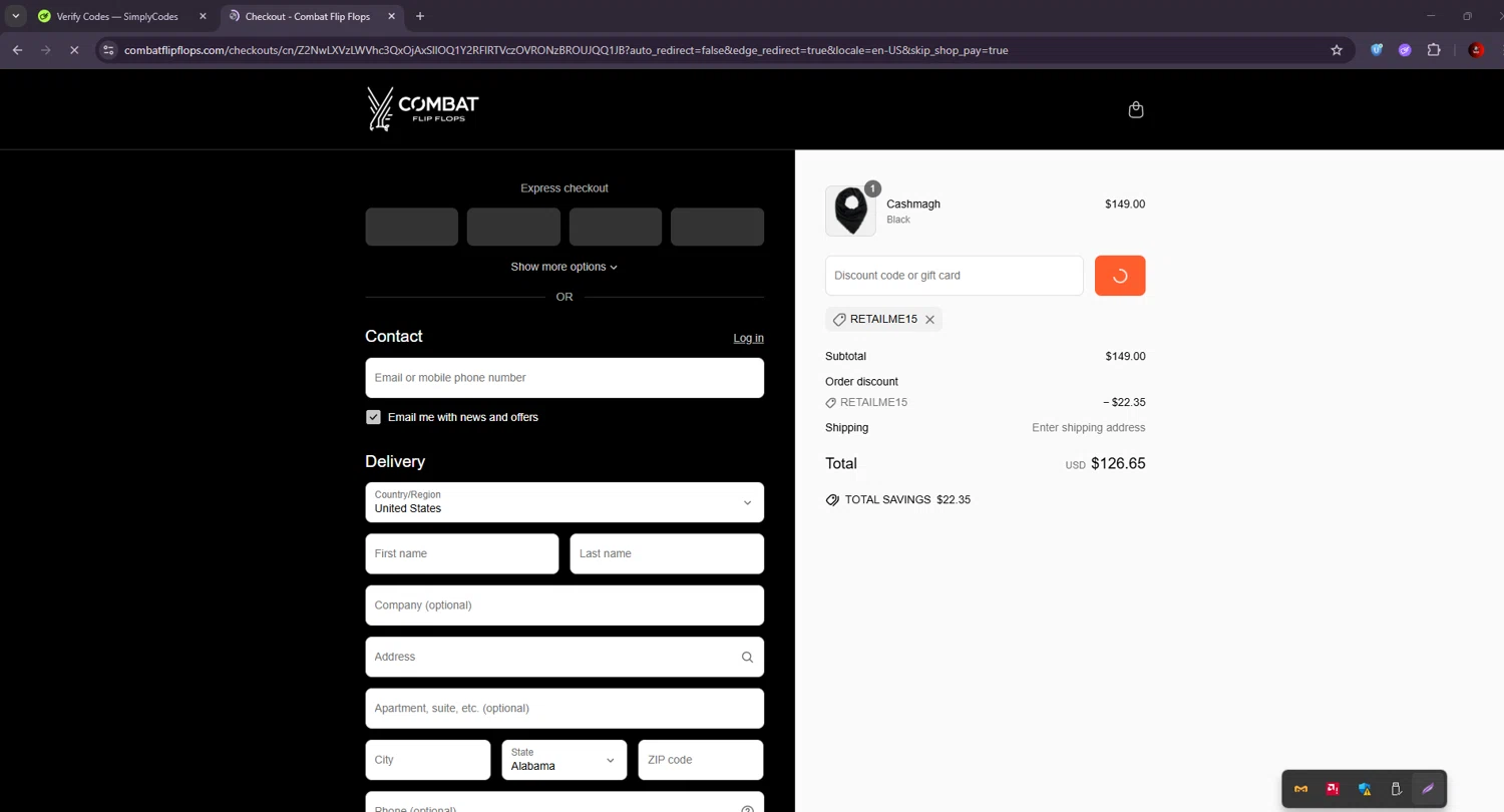 Combat Flip Flops discount code screenshot showing code RETAILME15 applied at Combat Flip Flops checkout page. Uploaded by SimplyCodes community member BrilliantSaver7516 on Jun 26, 2025