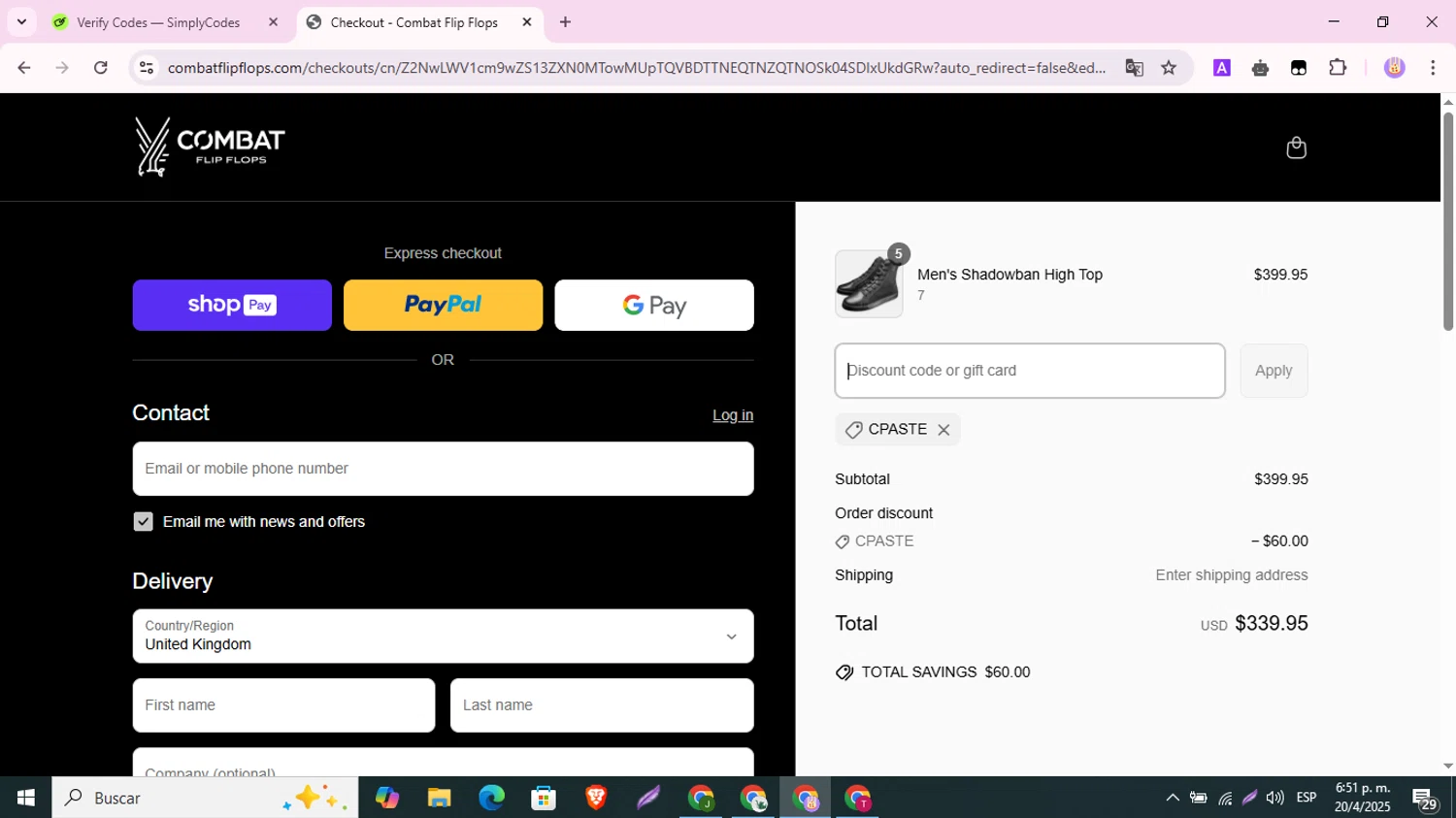 Combat Flip Flops discount code screenshot showing code CPASTE applied at Combat Flip Flops checkout page. Uploaded by SimplyCodes community member GloriousEagle7444 on Apr 20, 2025