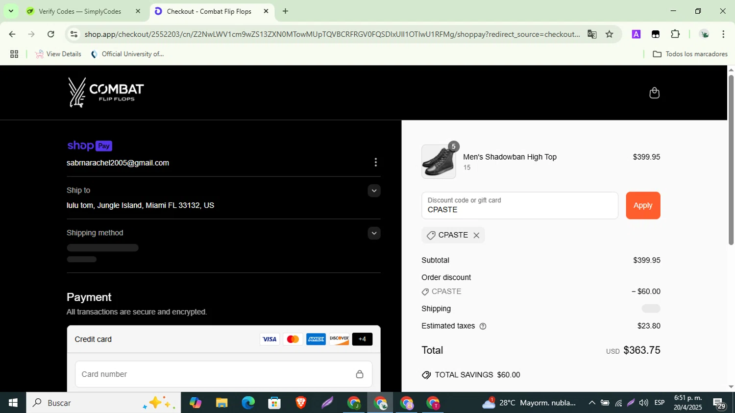 Combat Flip Flops discount code screenshot showing code CPASTE applied at Combat Flip Flops checkout page. Uploaded by SimplyCodes community member ShrewdSaver8478 on Apr 20, 2025