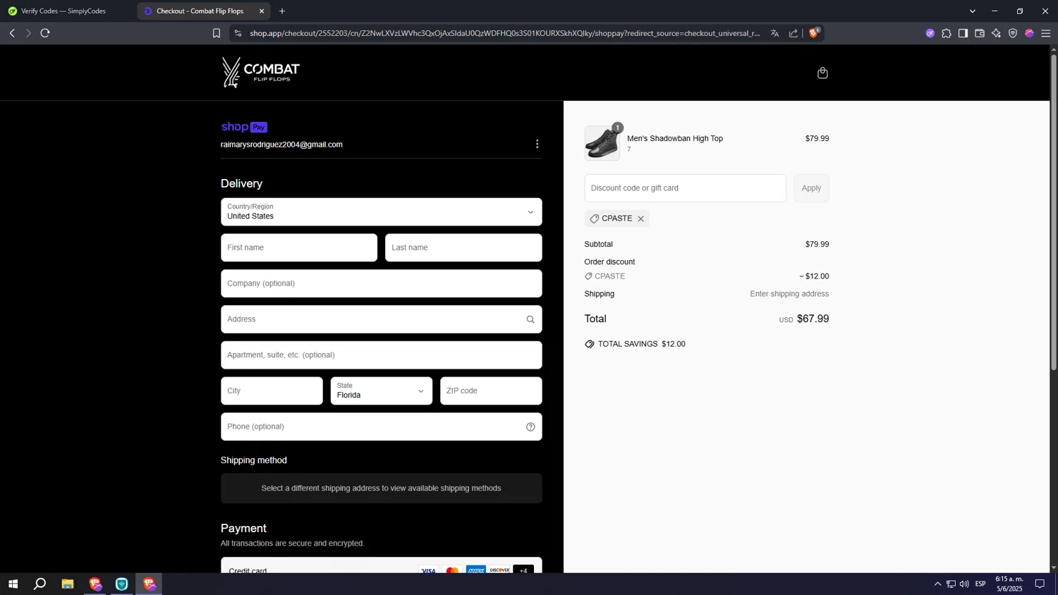 Combat Flip Flops discount code screenshot showing code CPASTE applied at Combat Flip Flops checkout page. Uploaded by SimplyCodes community member Nezukooo on Jun 5, 2025