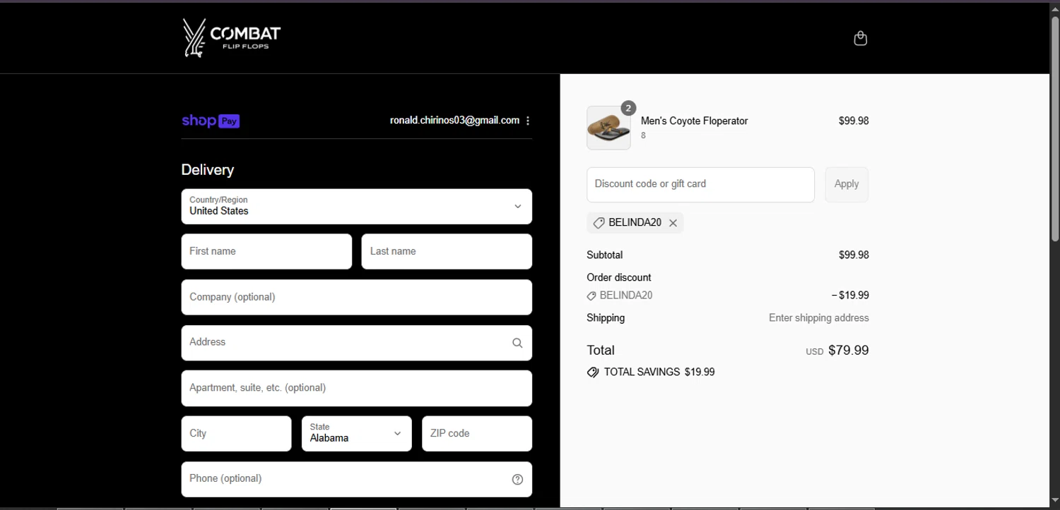 Combat Flip Flops discount code screenshot showing code BELINDA20 applied at Combat Flip Flops checkout page. Uploaded by SimplyCodes community member FortunateElite5130 on Aug 17, 2025
