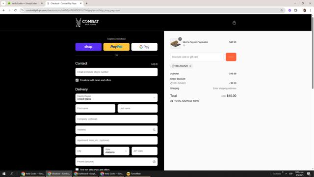 Combat Flip Flops checkout page showing Combat Flip Flops discount code box | Screenshot taken by SimplyCodes community member on Sep 8, 2025