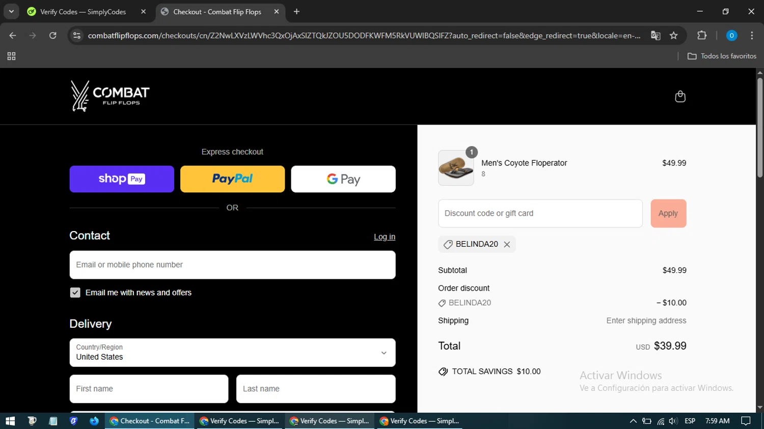 Combat Flip Flops discount code screenshot showing code BELINDA20 applied at Combat Flip Flops checkout page. Uploaded by SimplyCodes community member GoldHunter9818 on May 21, 2025