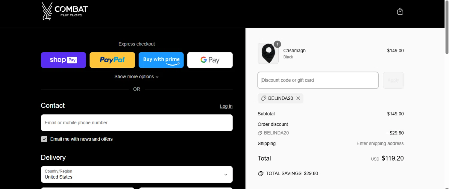 Combat Flip Flops discount code screenshot showing code BELINDA20 applied at Combat Flip Flops checkout page. Uploaded by SimplyCodes community member goods2deal on Mar 25, 2025