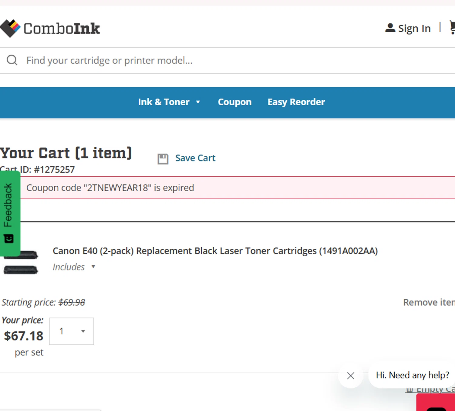ComboInk coupon code screenshot showing code 2TNEWYEAR18 applied at ComboInk checkout page. Uploaded by SimplyCodes community member lukeCallahannn on Feb 4, 2025